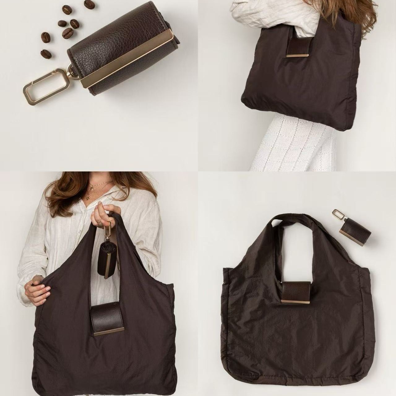 Waterproof nylon tote bag in use during outdoor travel and commuting