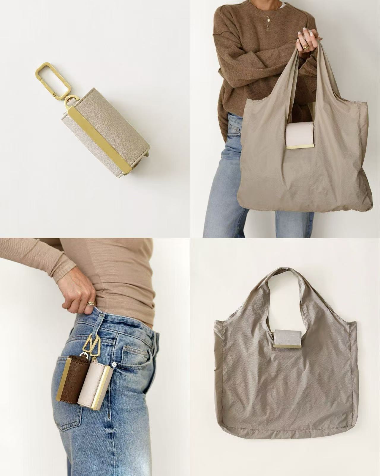 Compact folded pouch with keychain clip attached to car keys