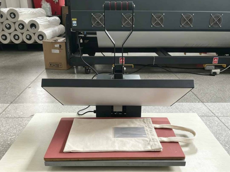 Heat transfer printing closeup showing heat press machine applying transfer film onto bag surface