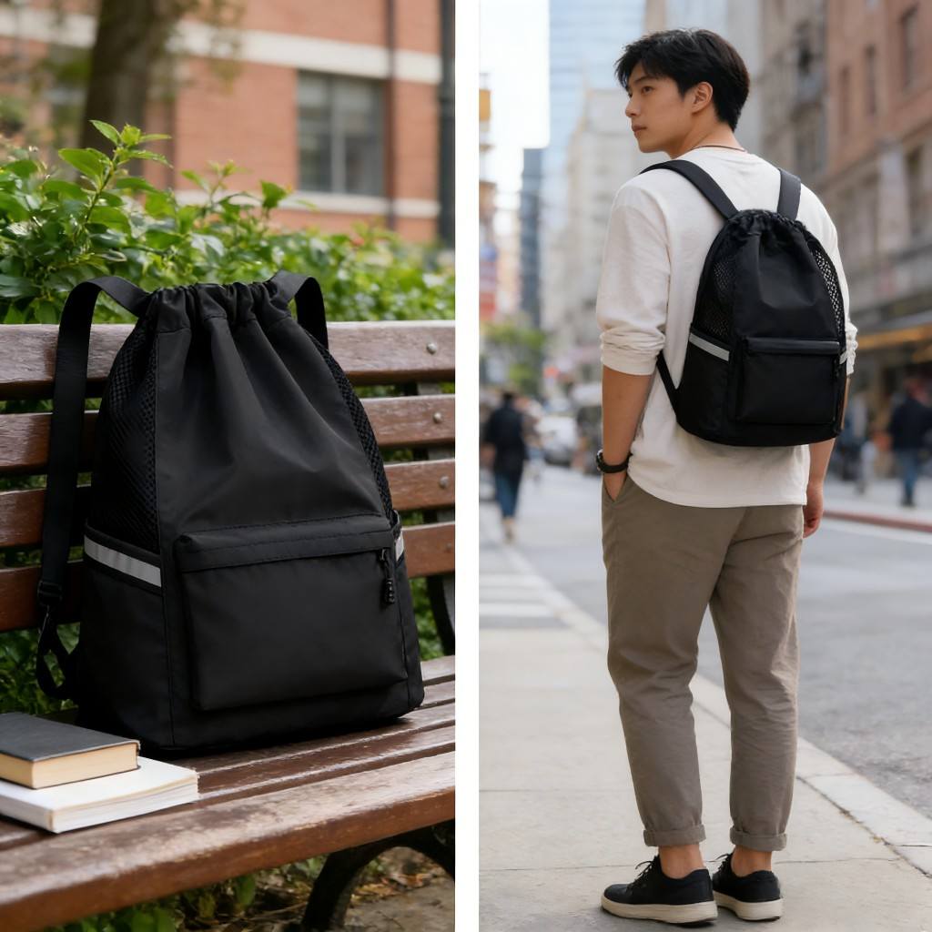 Reflective safety strip backpack worn by cyclist demonstrating night visibility