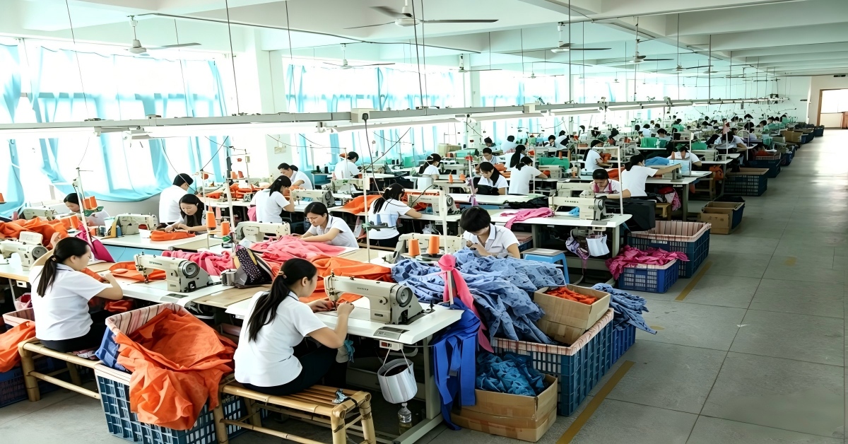 Reusable bag factory sewing floor with 200+ industrial machines in Xiamen China