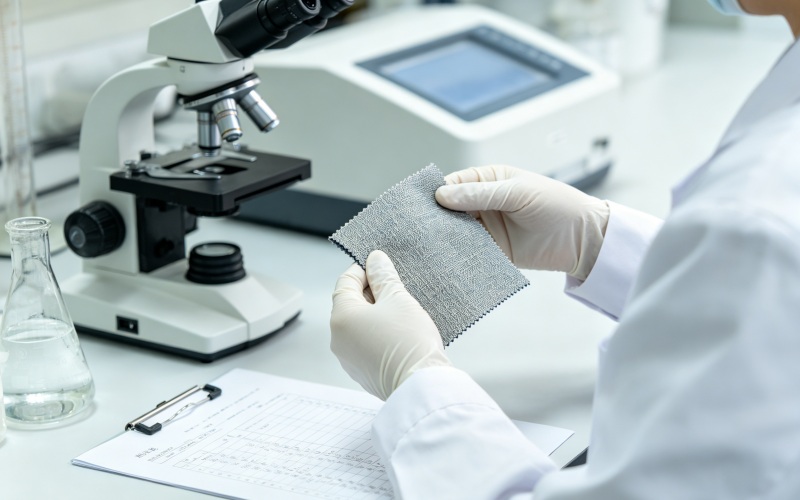 Third-party compliance laboratory technician testing RPET fabric sample for REACH restricted substances