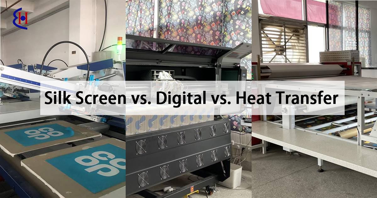 Silk screen, digital printing, and heat transfer comparison on custom reusable bags factory production