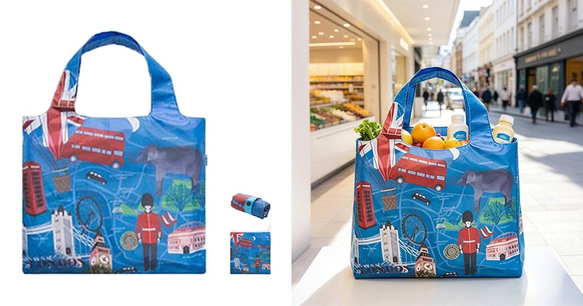 Foldable reusable shopping bag compact pouch and unfolded tote at retail checkout in North America and Europe