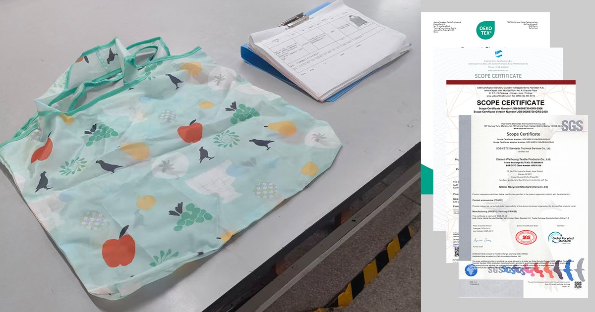 RPET foldable shopping bag on factory QC table with Oeko-Tex and GRS scope certificates, showing real product and compliance documentation