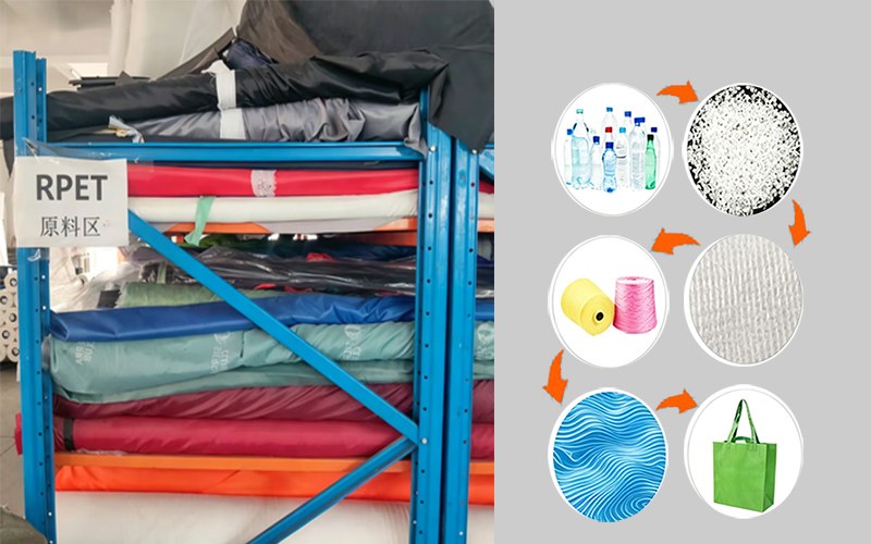 RPET raw material zone in factory warehouse showing fabric rolls and the recycling process from PET bottles to finished bags