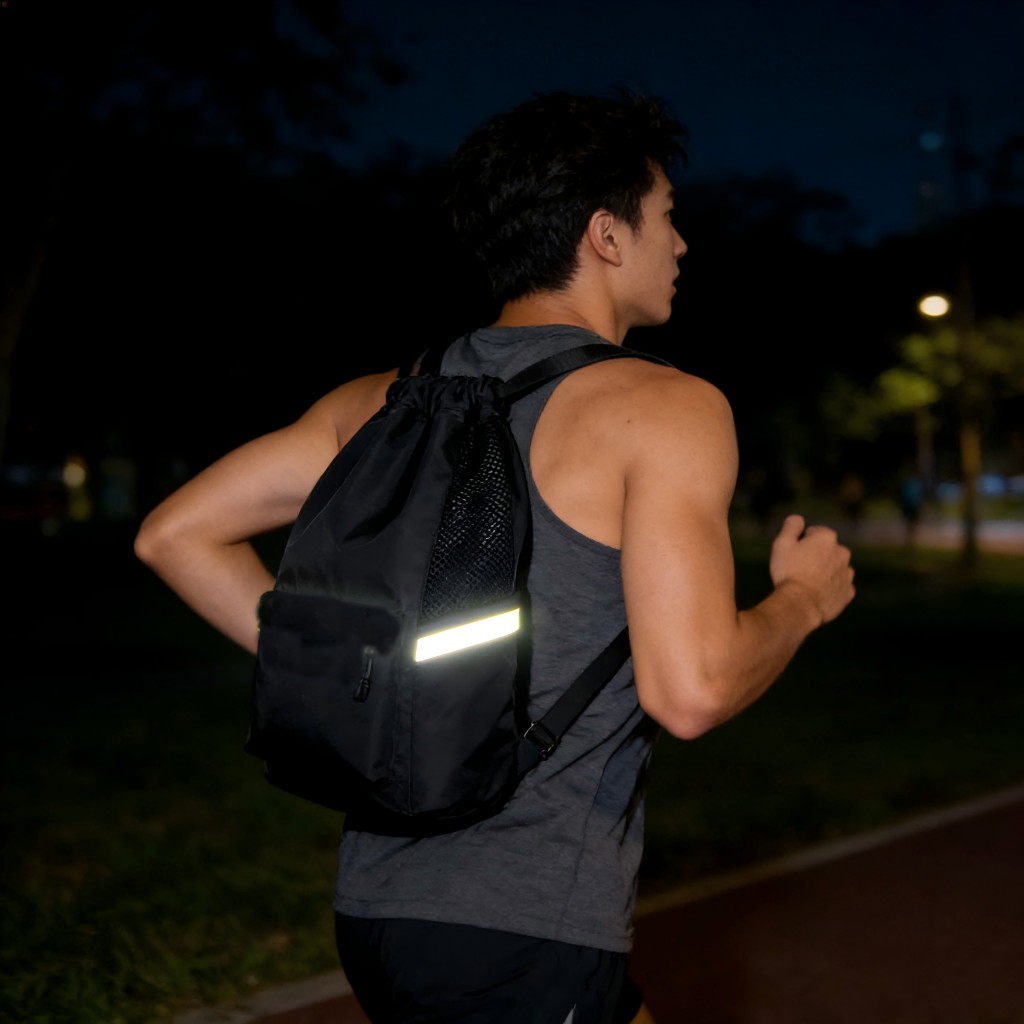Reflective safety strip backpack side view showing strip placement and strap detail