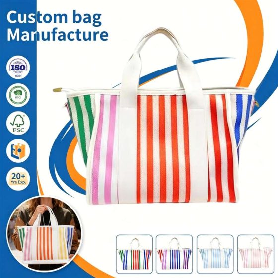 Custom Printed Colorful Striped Canvas Shopping Tote Bag Custom Printed Colorful Striped Canvas Shopping Tote Bag
