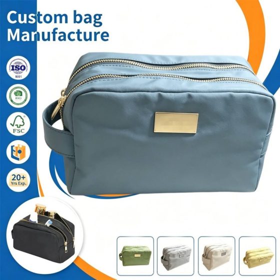Double Zipper Nylon Portable Makeup Cosmetic Bag