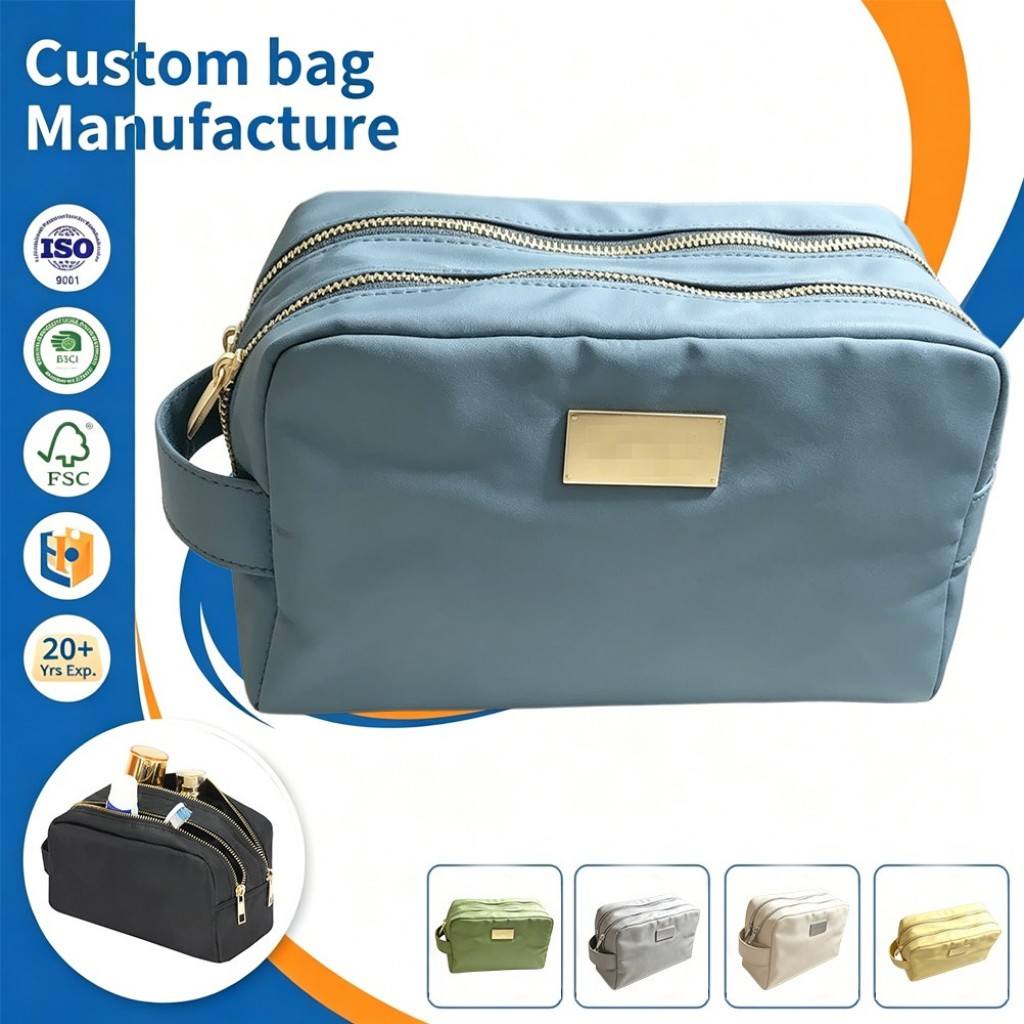 Double Zipper Nylon Portable Makeup Cosmetic Bag