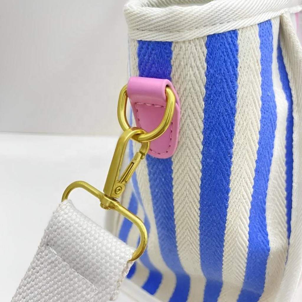 Striped canvas tote with thick durable fabric and wide handles