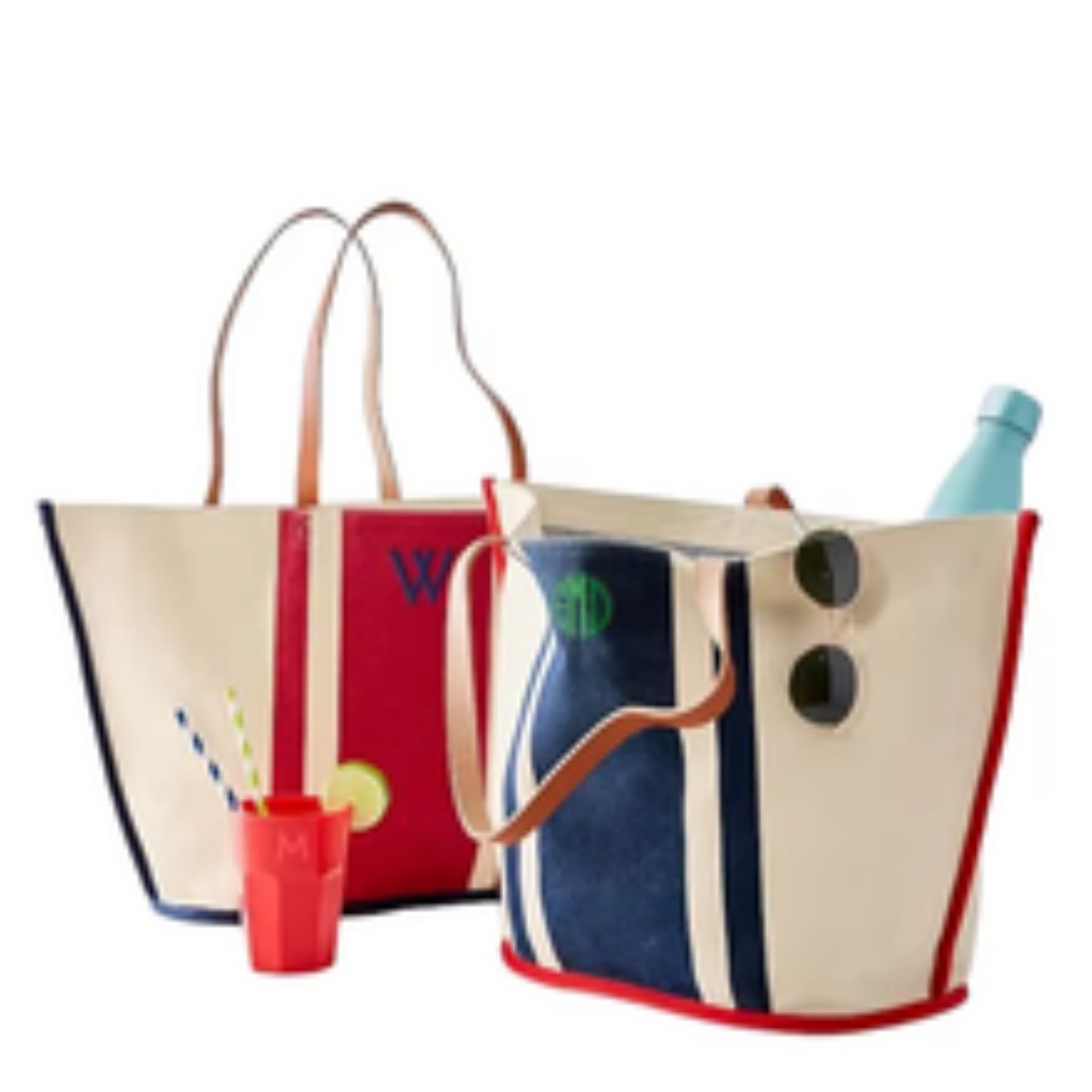 Custom printed striped canvas tote with brand logo