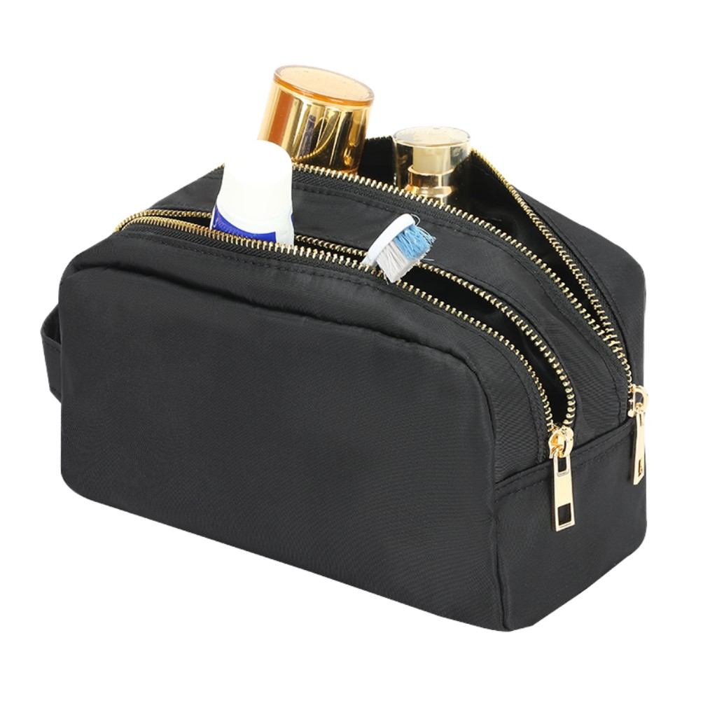 Nylon makeup bag with custom embroidery and double zipper design