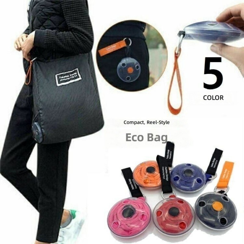 Retractable eco bag in disc shell with keychain attachment