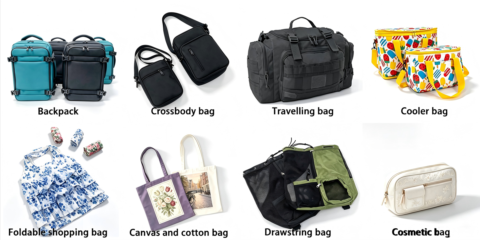 Weihuang Custom Bag Product Categories – Backpack, Crossbody Bag, Travelling Bag, Picnic Bag, Shopping Bag, Canvas Bag, Drawstring Bag and Cosmetic Bag from Xiamen OEM ODM Factory
