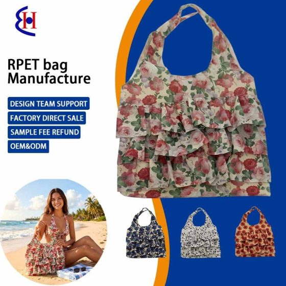 Floral Ruffled Skirt-Style Foldable Shopping Tote | Lightweight Reusable Grocery & Beach Bag with Multi-Layer Ruffle Design - Factory Direct from Weihang Textile
