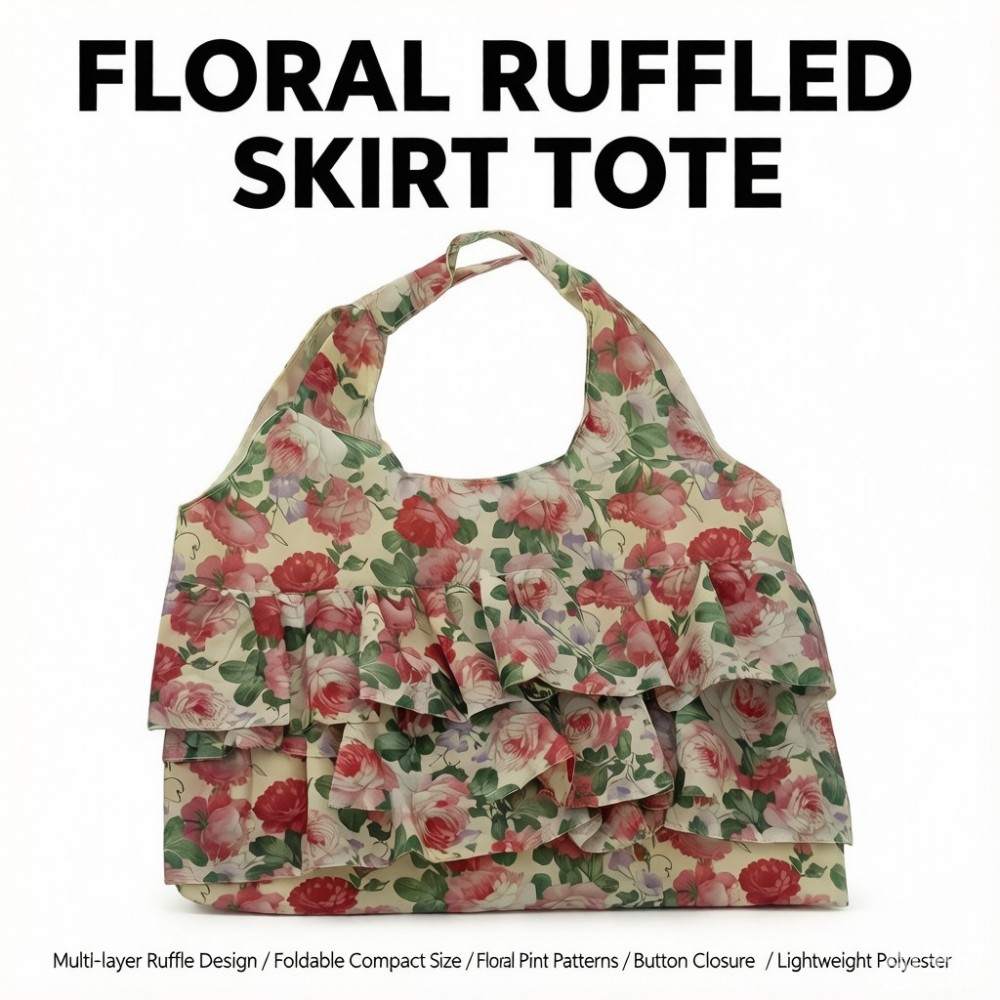 Floral ruffled tote bag hero overview with three tier cascading ruffle design