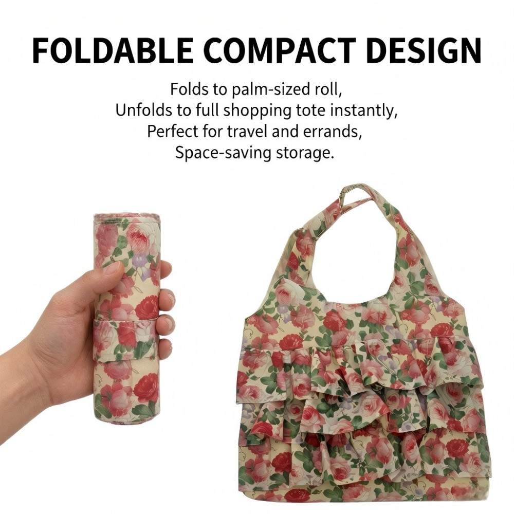 Floral ruffled foldable shopping tote bag rolled down to compact pocket size