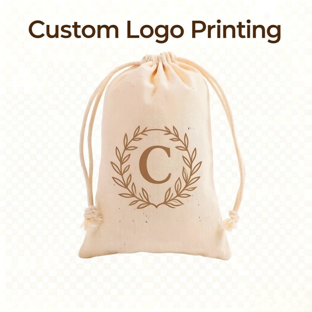 Custom logo printing options on cotton drawstring bag silk screen heat transfer DTG embroidery