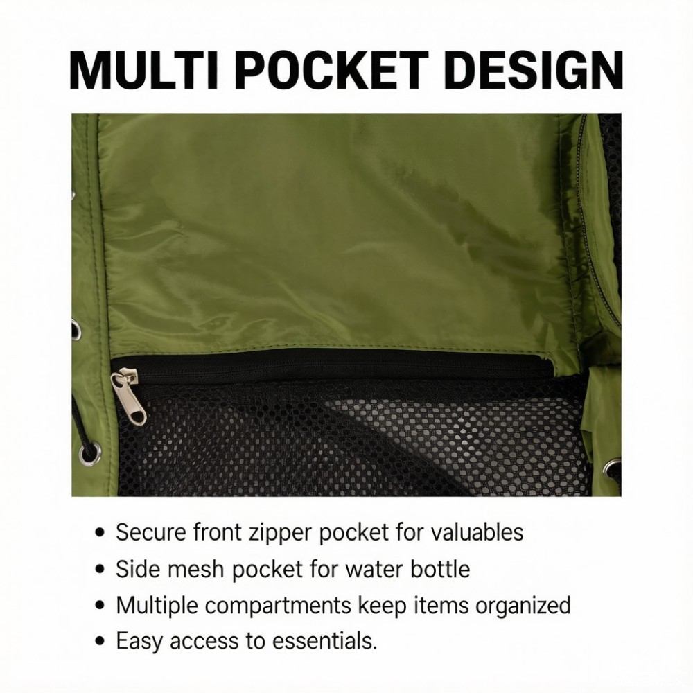 Gym mesh drawstring bag front zipper pocket and side mesh pocket organization
