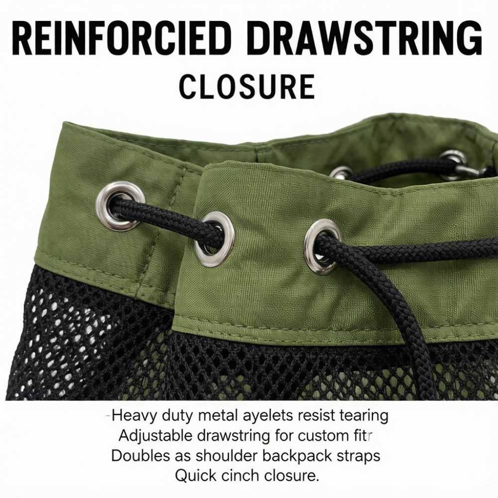 Gym mesh drawstring bag reinforced metal eyelet and adjustable cord closure detail