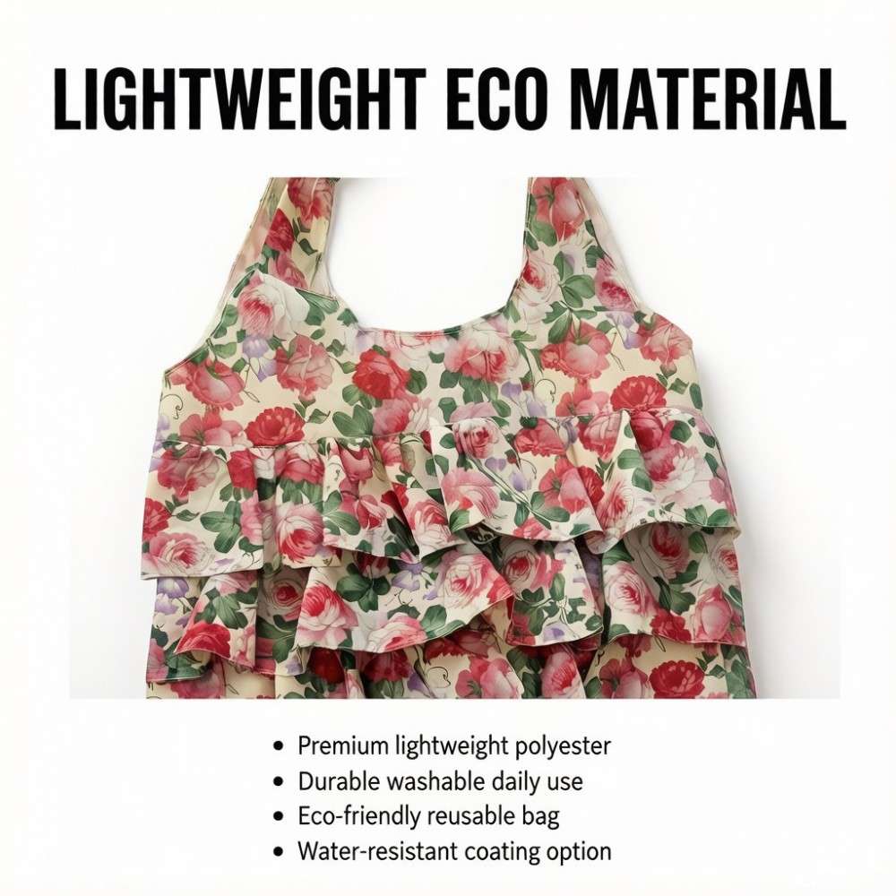 Eco friendly lightweight polyester material of floral ruffled tote bag