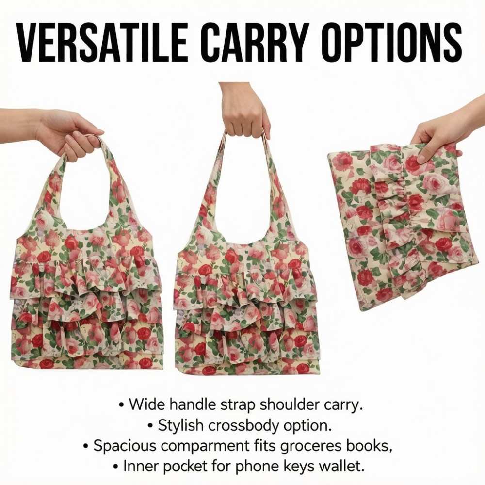 Floral ruffled tote bag wide handle strap shoulder carry and hand carry options