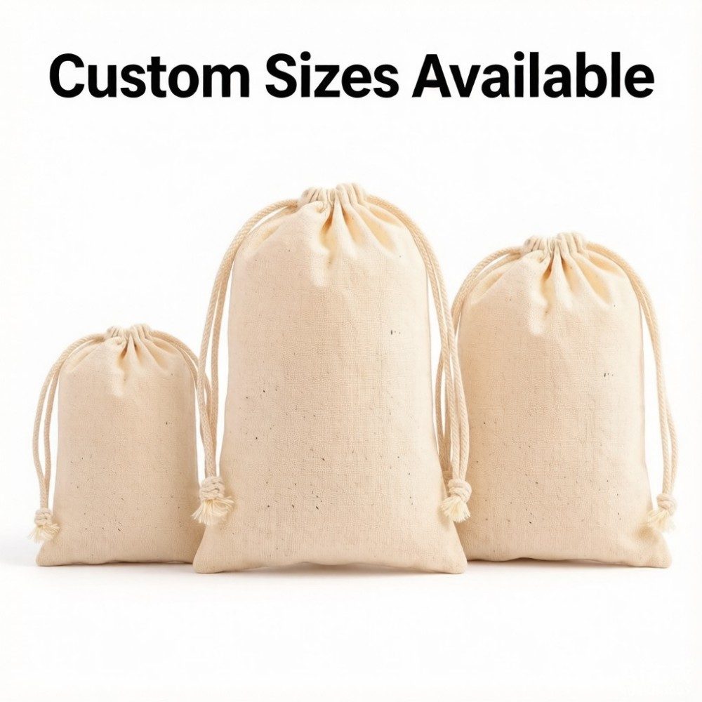 Multiple sizes of custom cotton drawstring bag from 9x12cm to 40x50cm available