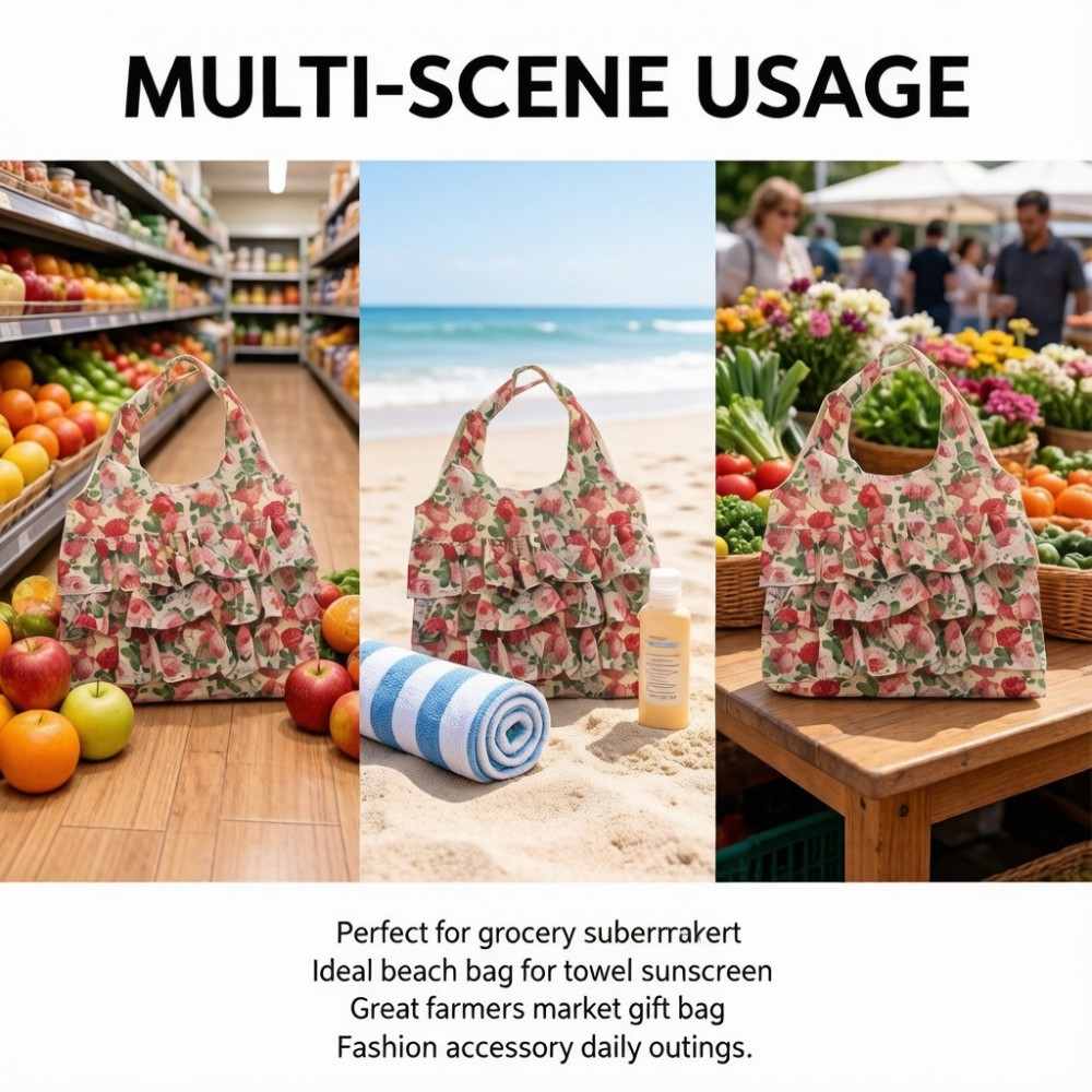 Floral ruffled foldable shopping tote bag multi scene usage grocery beach market