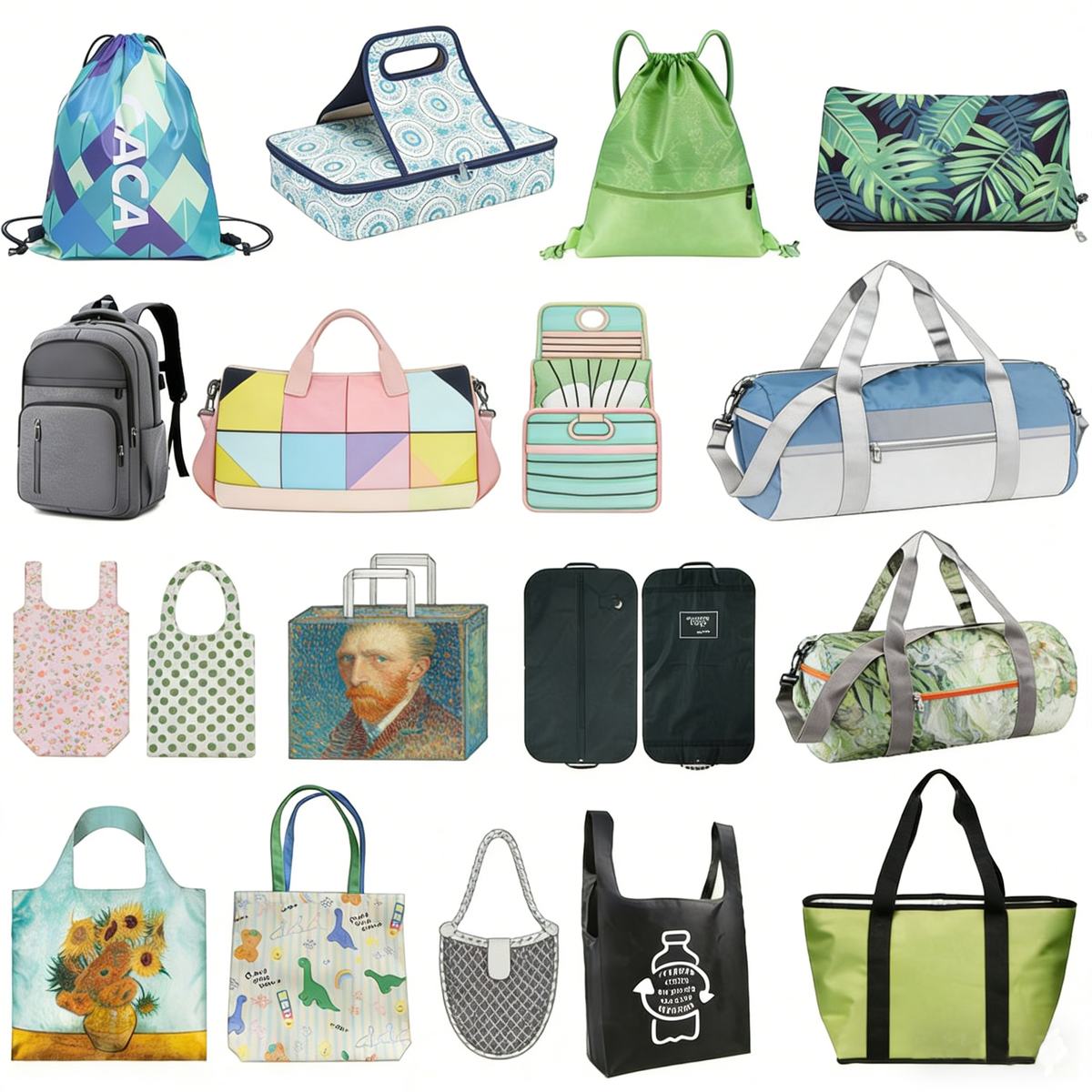 Range of custom promotional bags including RPET totes, drawstring backpacks, cooler bags and duffels