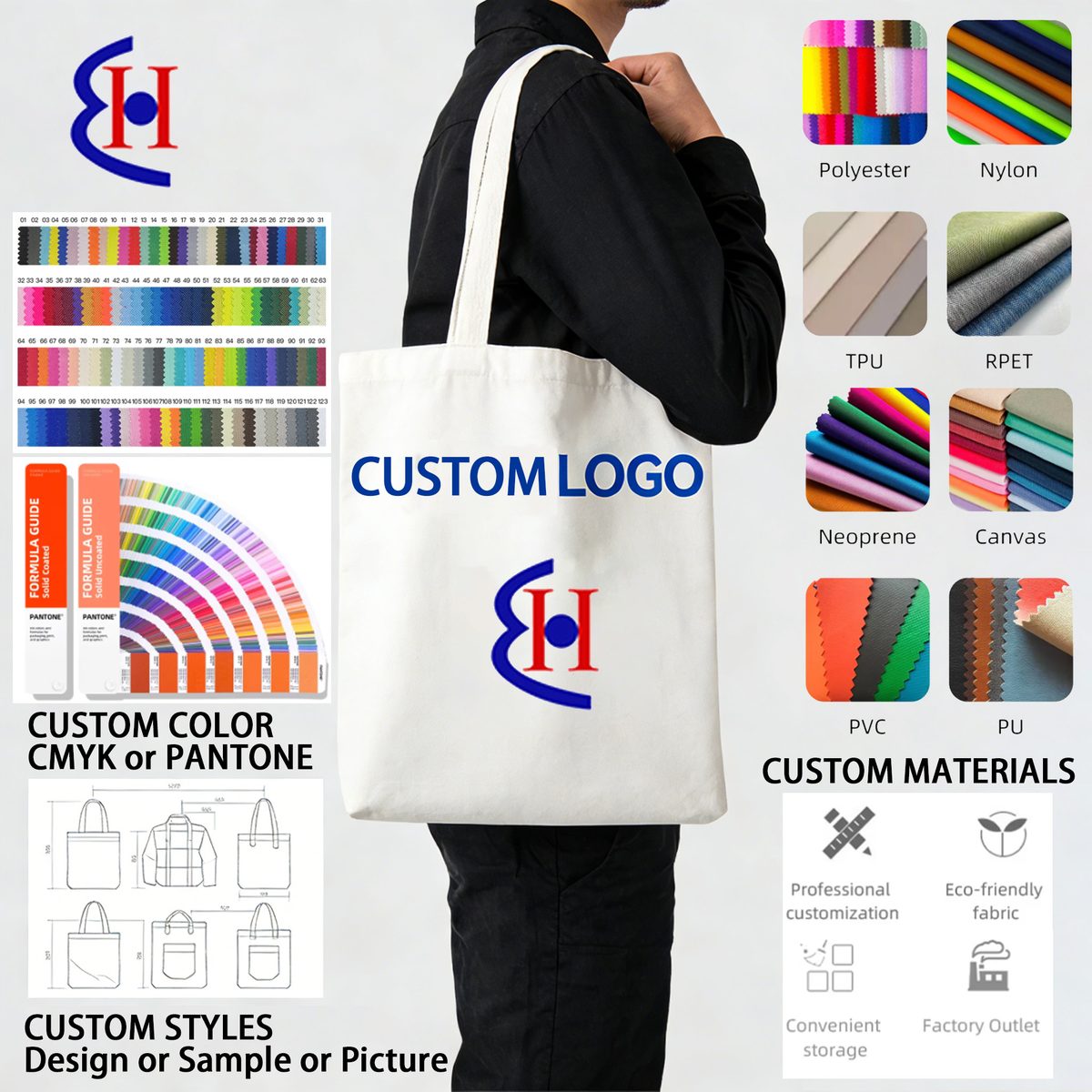 Promotional bag customization options: custom logo, Pantone colors, and material choices such as RPET, canvas, nylon, and PVC